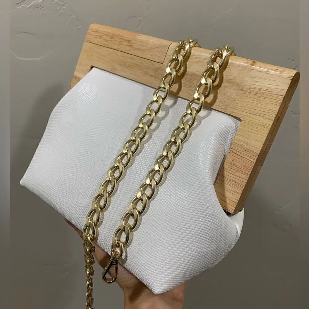 Handmade Genuine Cowhide Pattern Embossed Wooden Frame Purse & 2 Chain Styles - Picture 13 of 16